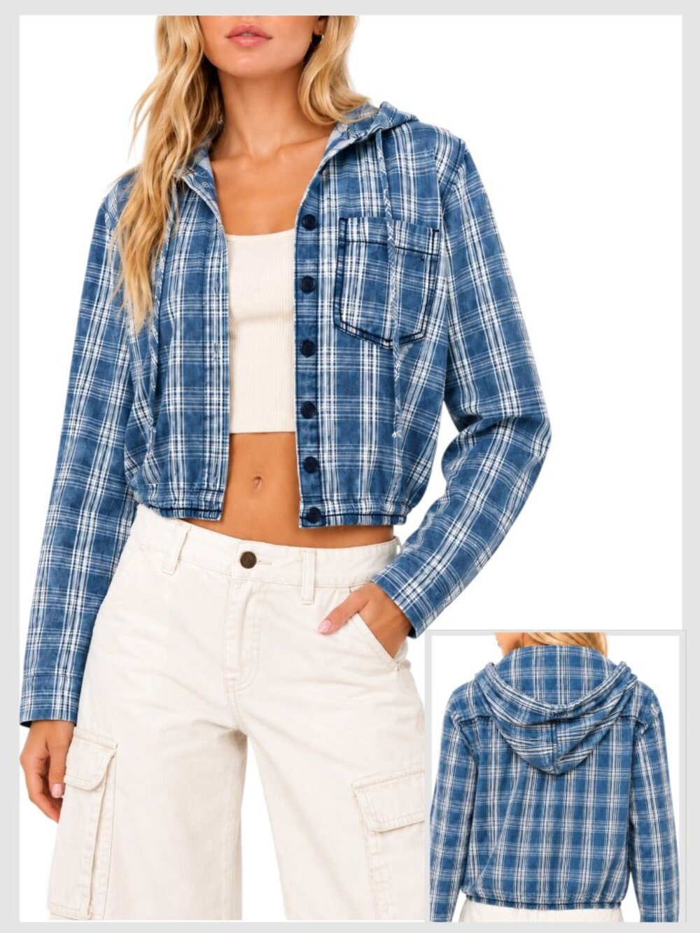 Hidden Jeans Plaid Crop Hoodie Jacket Blue Ivory S